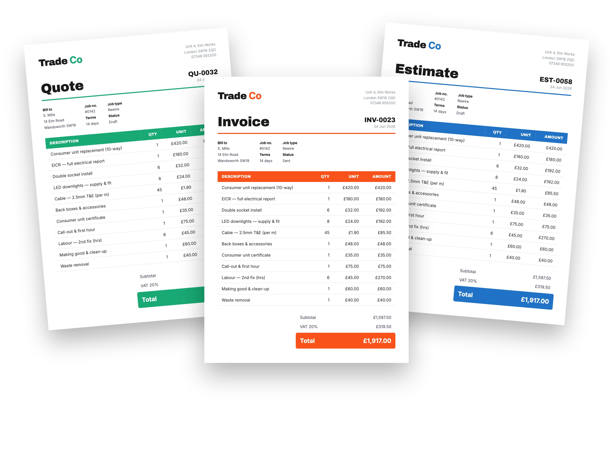 A trade invoice, quote and estimate created by Nexley