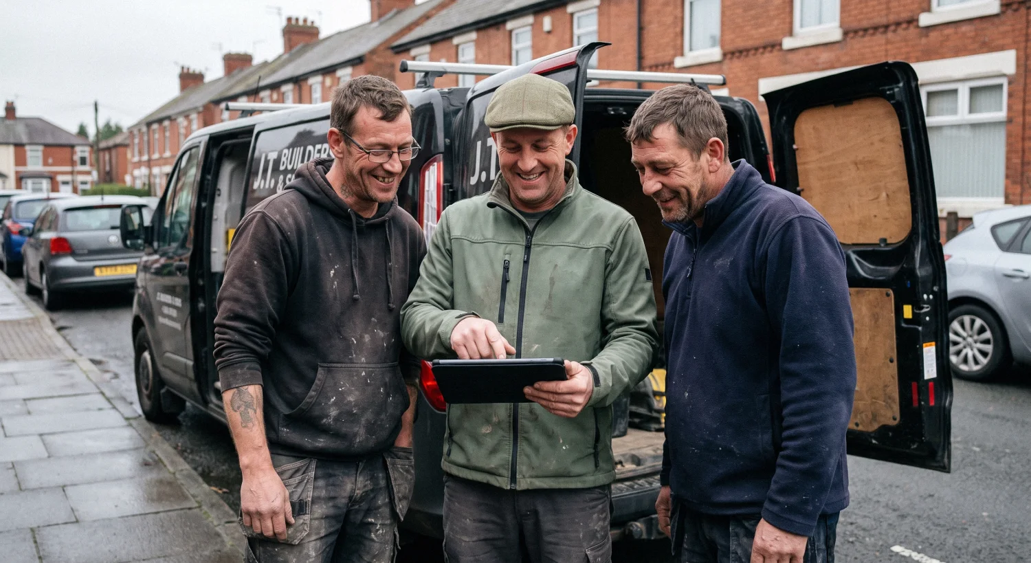 A team of UK tradesmen using Nexley on a tablet by their work van